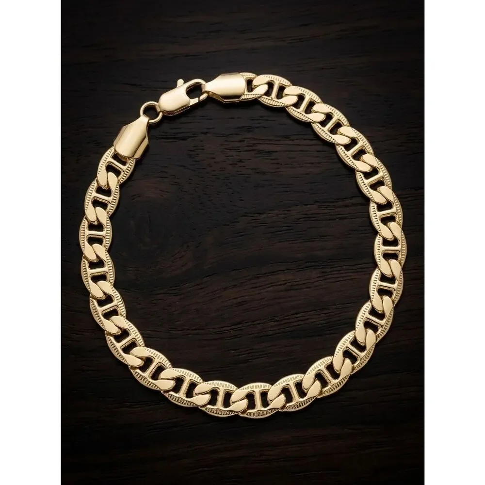 7.5mm Men's Gold Mariner Link Bracelet Flat Anchor Chain Heavy Polish 8” New